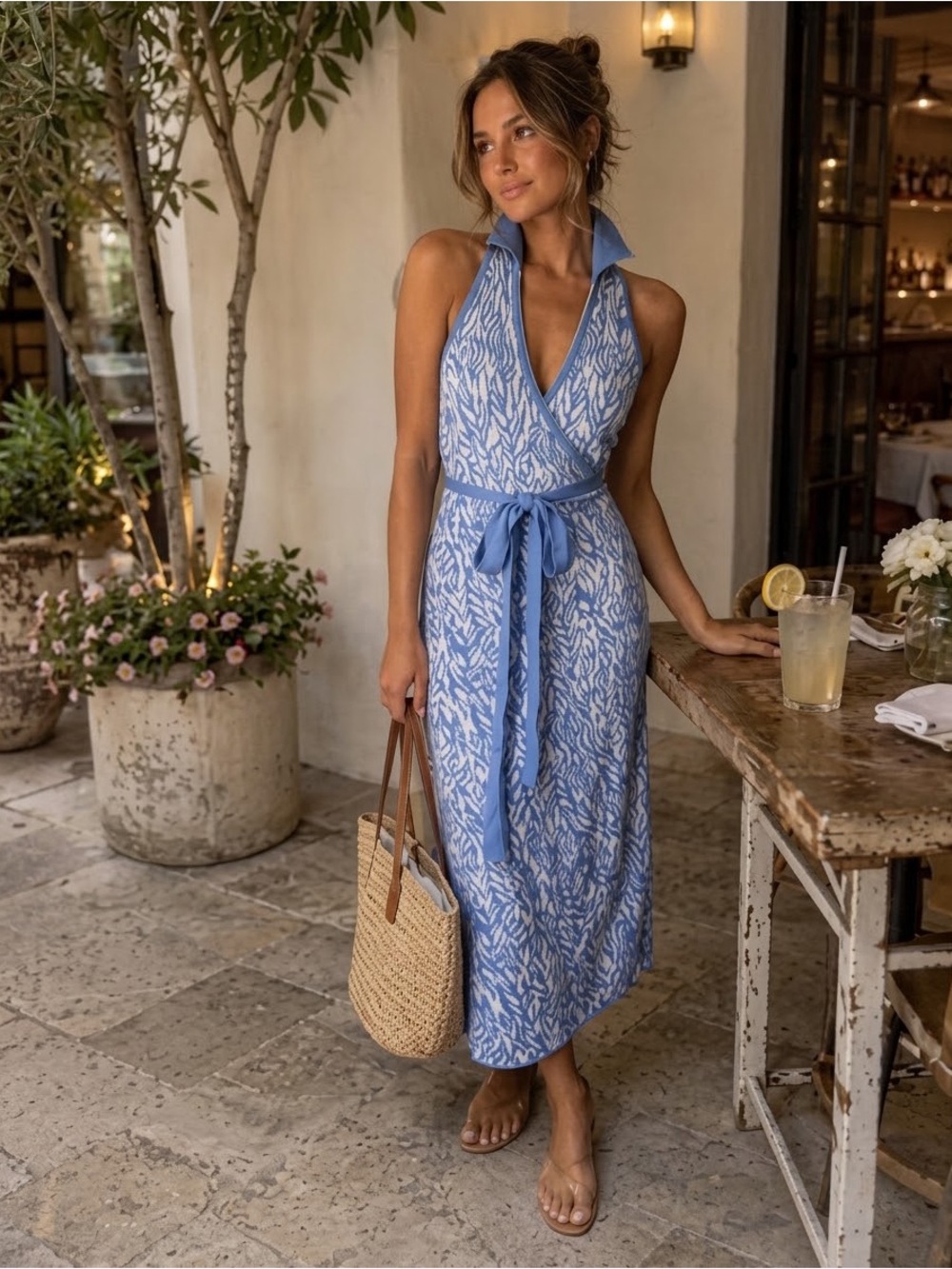 Diane Von Furstenberg Light Blue and White Halter Wrap Maxi Dress Medium